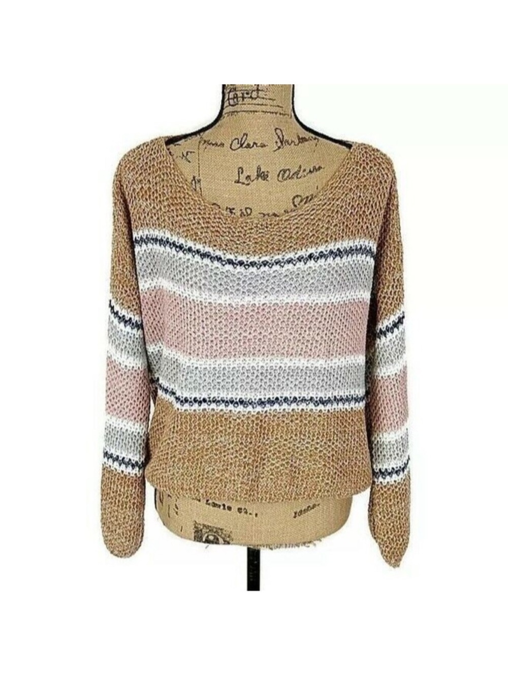Striped Scoop-Neck Knit Sweater in Pink & Tan